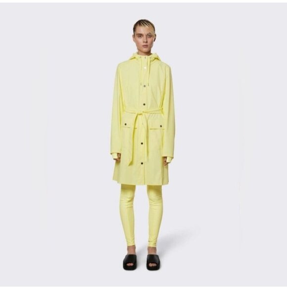RAINS Women's Curve Raincoat Yellow Zipper Snap Trench Belted Waterproof Flawed - Picture 3 of 14